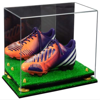 Better Display Cases Acrylic Large Shoe Display Case for Basketball Shoe Soccer Cleat Football Cleat with Mirror, Yellow Risers and Turf Base (A013/V11)