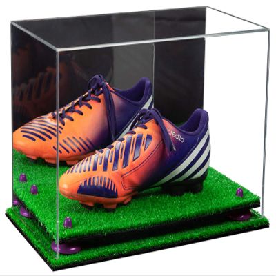 Better Display Cases Acrylic Large Shoe Display Case for Basketball Shoe Soccer Cleat Football Cleat with Mirror, Purple Risers and Turf Base (A013/V11)