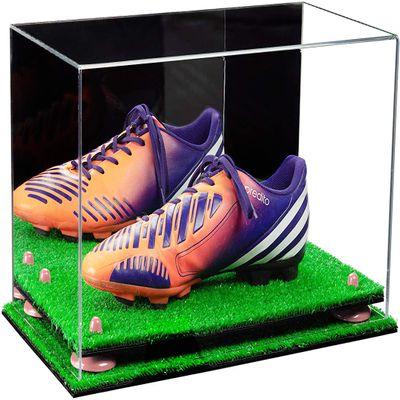 Better Display Cases Acrylic Large Shoe Display Case for Basketball Shoe Soccer Cleat Football Cleat with Mirror, Pink Risers and Turf Base (A013/V11)