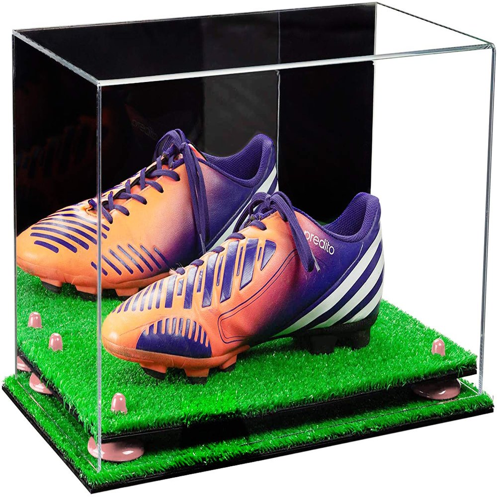 Better Display Cases Acrylic Large Shoe Display Case for Basketball Shoe Soccer Cleat Football Cleat with Mirror, Pink Risers and Turf Base (A013/V11)