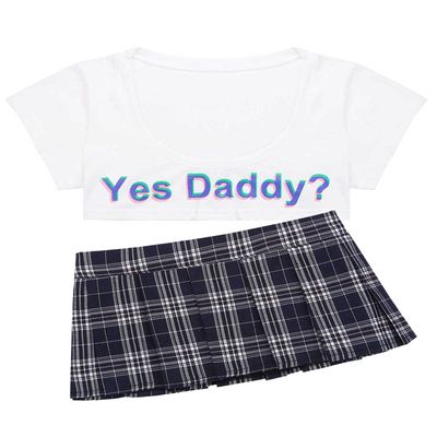 ACSUSS Womens Naughty Schoolgirl Lingerie Set Yes Daddy Letter Printed Tops Mini Plaid Pleated Skirt White&Black One Size