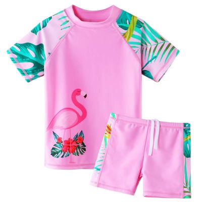 Girls Two Piece Swimsuit Floral UPF 50+ Rash Guard Set Kids Swimwear S324_FlamingoPink_12A Flamingo Pink