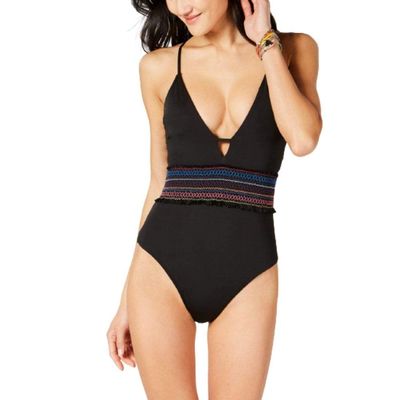 Bar III Smocked Plunge Neckline One Piece Bathing Suit (Black, X-Small)