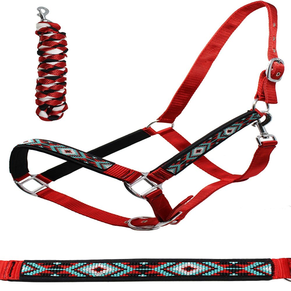 CHALLENGER Nylon Horse Beaded Halter Nickle Plated Hardware w/Lead Rope Tack Red 606175RD