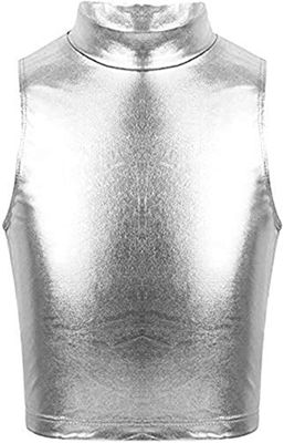 Oyolan Kids Girls Metallic Turtleneck Sleeveless Tank Tops for Ballet Dance Workout Gym Silver 12