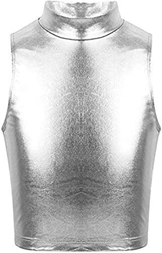 Oyolan Kids Girls Metallic Turtleneck Sleeveless Tank Tops for Ballet Dance Workout Gym Silver 12