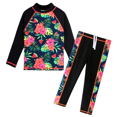 Girls Two Piece Swimsuit Floral UPF 50+ Rash Guard Set Kids Swimwear S301_BlackFlower_6A