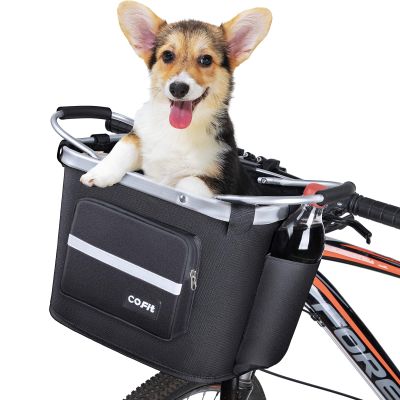 COFIT Detachable Bike Basket Front, Foldable Bicycle Dog Carrier for Small Pet, Shopping, Commuting, Camping and Outdoor Cargo Bag with Side Pouches, Black