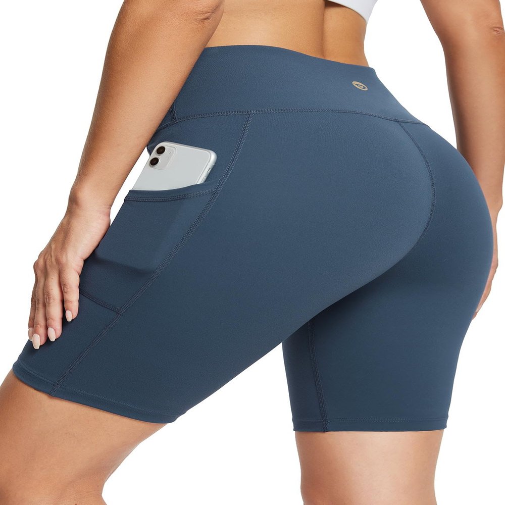 baleaf Biker Shorts Women Yoga Gym Workout Spandex Running Volleyball Tummy Control Compression with Pockets Soft 8" Blue XXL