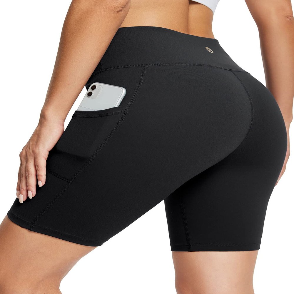 baleaf Biker Shorts Women Yoga Gym Workout Spandex Running Volleyball Tummy Control Compression with Pockets Soft 8" Black L