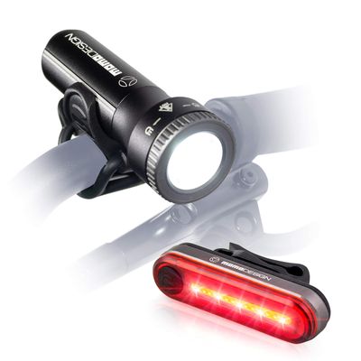MOMODESIGN Bike HL02+RL03KIT Bicycle Light Kit, Zoomable USB Front Light & Rear Light, Super Bright, Multiple Lighting & Flashing Modes, Universal Fit