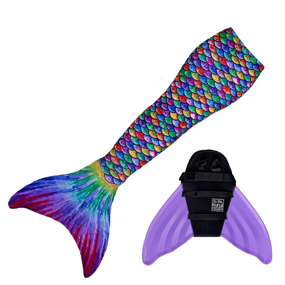 Mermaid Tail and Monofin for Swimming with MER-Shield Tip Protection, Adult Sizes (Hawaiian Rainbow - Lavender Monofin, Adult M (JM 8-10))