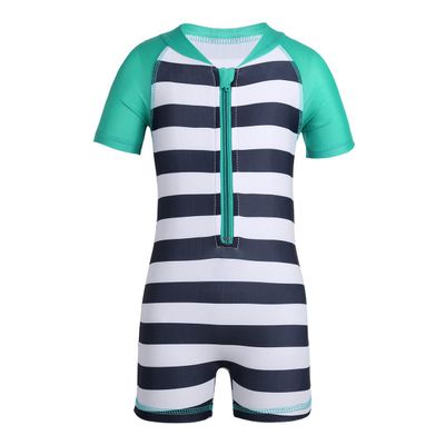 Oyolan Infant Baby Boys Girls 1PCS Rash Guard Short Sleeves Zippered Striped Swimsuit Green&Navy Blue 12-18 Months