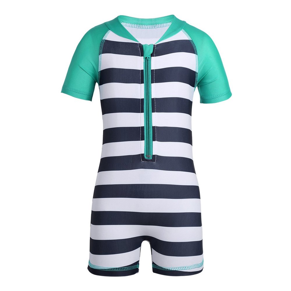 Oyolan Infant Baby Boys Girls 1PCS Rash Guard Short Sleeves Zippered Striped Swimsuit Green&Navy Blue 12-18 Months