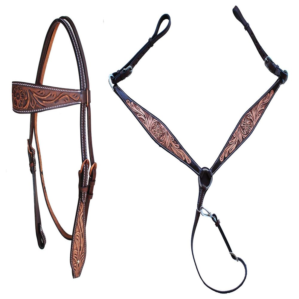 CHALLENGER Horse Western Tack Tooled Feather Browband Headstall Breast Collar 78HR12B