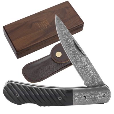 YOUSUNLONG Folding Pocket Knife 175mm - Damascus Steel Blade - Tactical Knife Good For Camping Hunting Survival - Include Leather Sheath And Wooden Knife Box - Buffalo Horn Handle