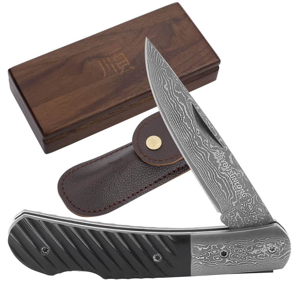 YOUSUNLONG Folding Pocket Knife 175mm - Damascus Steel Blade - Tactical Knife Good For Camping Hunting Survival - Include Leather Sheath And Wooden Knife Box - Buffalo Horn Handle