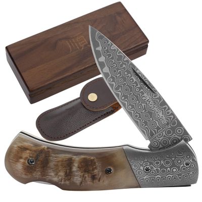 YOUSUNLONG Folding Pocket Knife -Damascus Steel Blade Overall 140mm - Survival Knife With Leather Sheath And Wooden Knife Box -Antelope Horn Handle