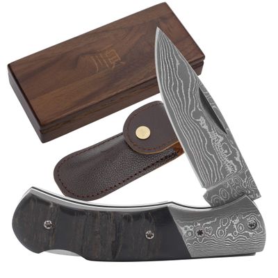 YOUSUNLONG Folding Knife - Overall 140mm - Japanese Damascus Steel Blade - Natural Buffalo Horn Handle with Leather Sheath and Natural Walnut Wooden Knife Box