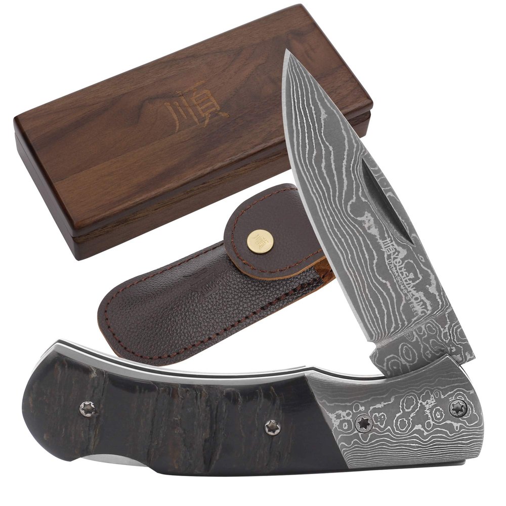 YOUSUNLONG Folding Knife - Overall 140mm - Japanese Damascus Steel Blade - Natural Buffalo Horn Handle with Leather Sheath and Natural Walnut Wooden Knife Box
