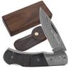 YOUSUNLONG Folding Knife - Overall 140mm - Japanese Damascus Steel Blade - Natural Buffalo Horn Handle with Leather Sheath and Natural Walnut Wooden Knife Box view 1