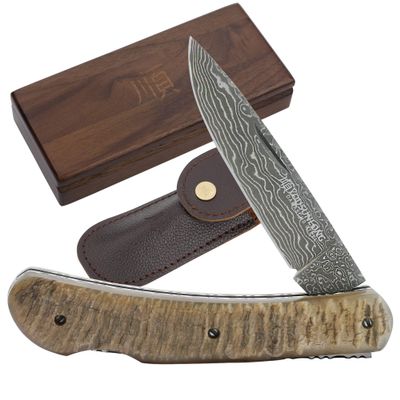 YOUSUNLONG Folding Knife - Pocket Knife Overall 175mm - Japanese Damascus Steel Blade - Natural Antelope Horn Handle with Leather Sheath and Natural Walnut Wooden Knife Box for Camping Hiking Fishing