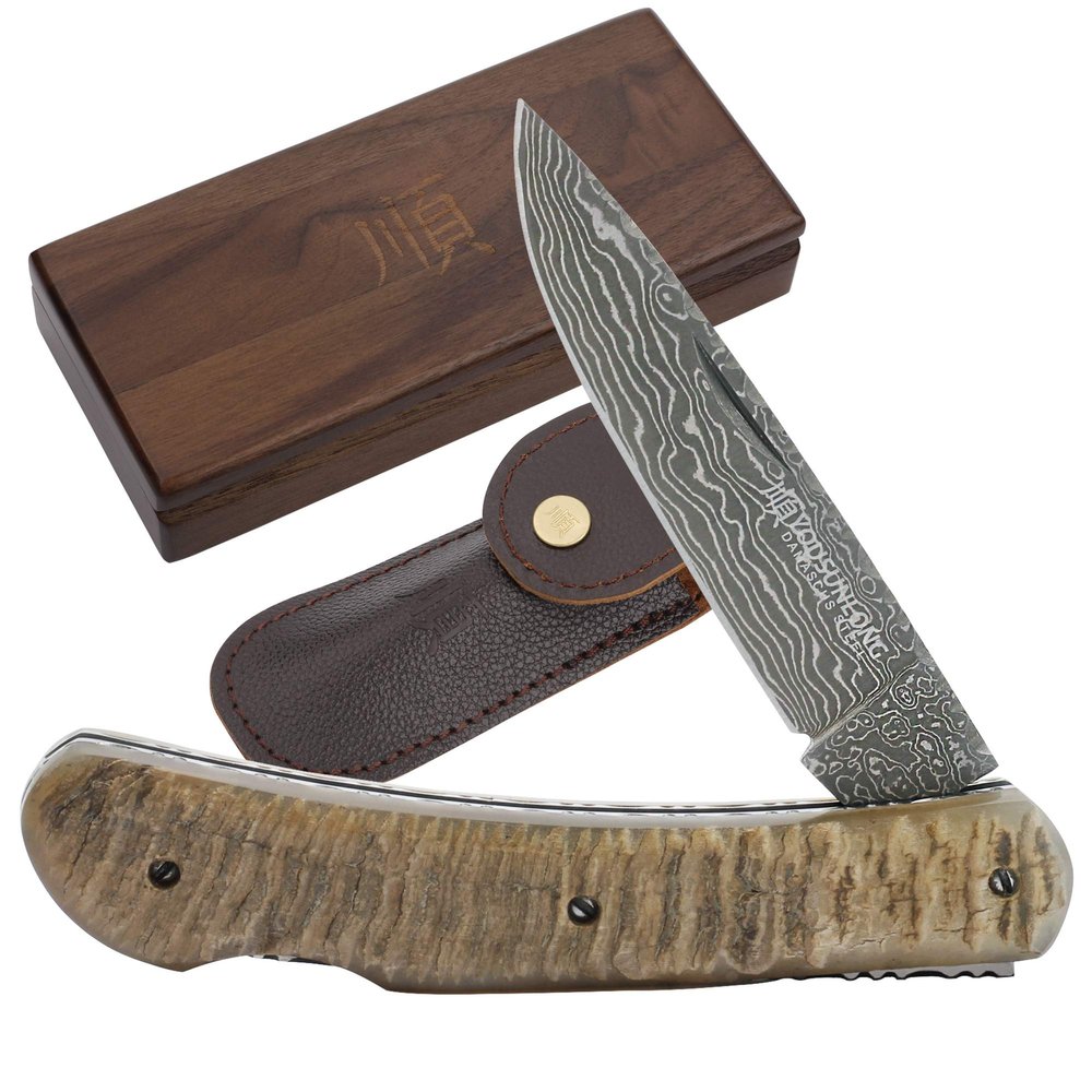 YOUSUNLONG Folding Knife - Pocket Knife Overall 175mm - Japanese Damascus Steel Blade - Natural Antelope Horn Handle with Leather Sheath and Natural Walnut Wooden Knife Box for Camping Hiking Fishing