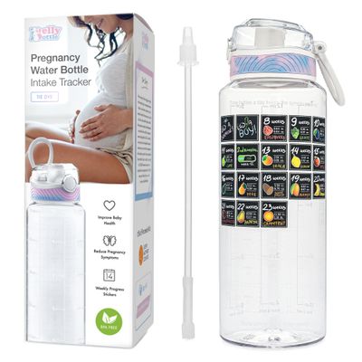 BellyBottle Pregnancy Water Bottle Tracker  Pregnancy Must Haves First Trimester  Pregnant Gifts for Expecting Mom  Essentials Nausea Relief  Weekly Stickers + Straw + BPA Free  Tidye