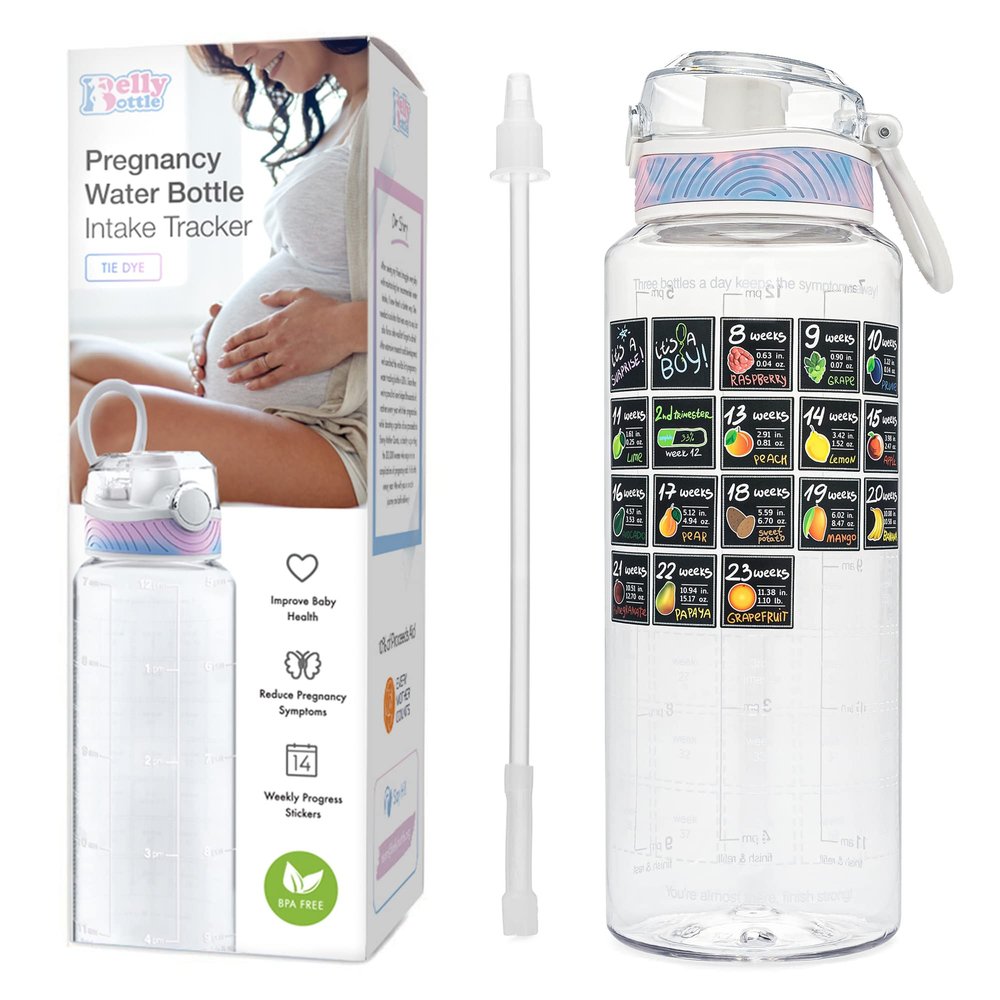BellyBottle Pregnancy Water Bottle Tracker  Pregnancy Must Haves First Trimester  Pregnant Gifts for Expecting Mom  Essentials Nausea Relief  Weekly Stickers + Straw + BPA Free  Tidye