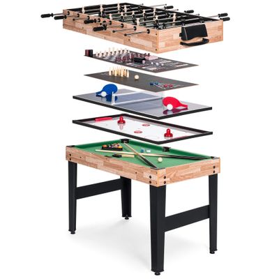 Versatile and Space-Saving Design 10-in-1 Classic Game Table with Foosball, Pool, Shuffleboard, Ping Pong or Table Tennis, Hockey, Chess, Checker, and Backgammon Board