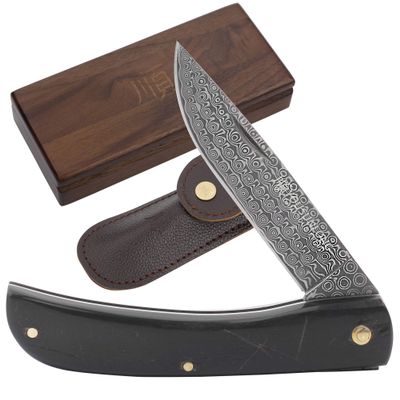 YOUSUNLONG Folding Pocket Knife 190mm - Everyday Carry Knife - One-hand Knife With Leather Sheath And Wooden Knife Box - Buffalo Horn Handle