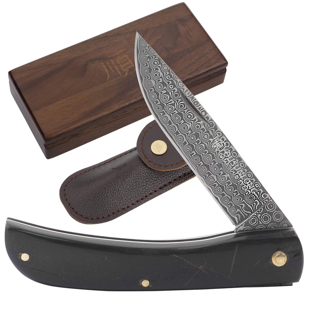 YOUSUNLONG Folding Pocket Knife 190mm - Everyday Carry Knife - One-hand Knife With Leather Sheath And Wooden Knife Box - Buffalo Horn Handle