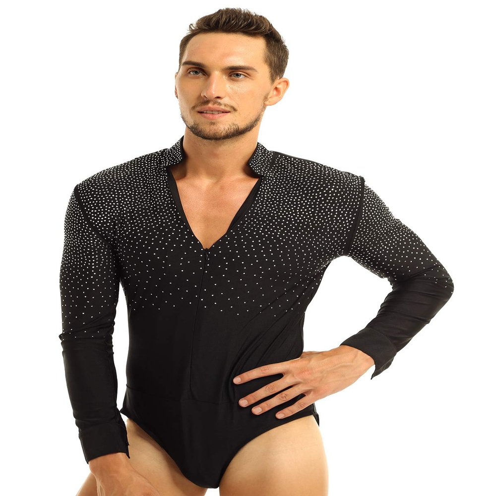 Hularka Men's Adult Long Sleeve Latin Dance Shirt Leotard Romper Jumpsuit Modern Ballroom Costumes Black Large