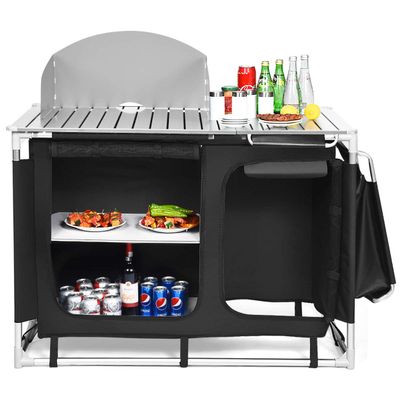Giantex Outdoor Camping Kitchen Table, Portable Camping Grill Table with Windscreen and Remove Sink, Outdoor Camping Cook Station for BBQ Party Picnics Backyard Activities