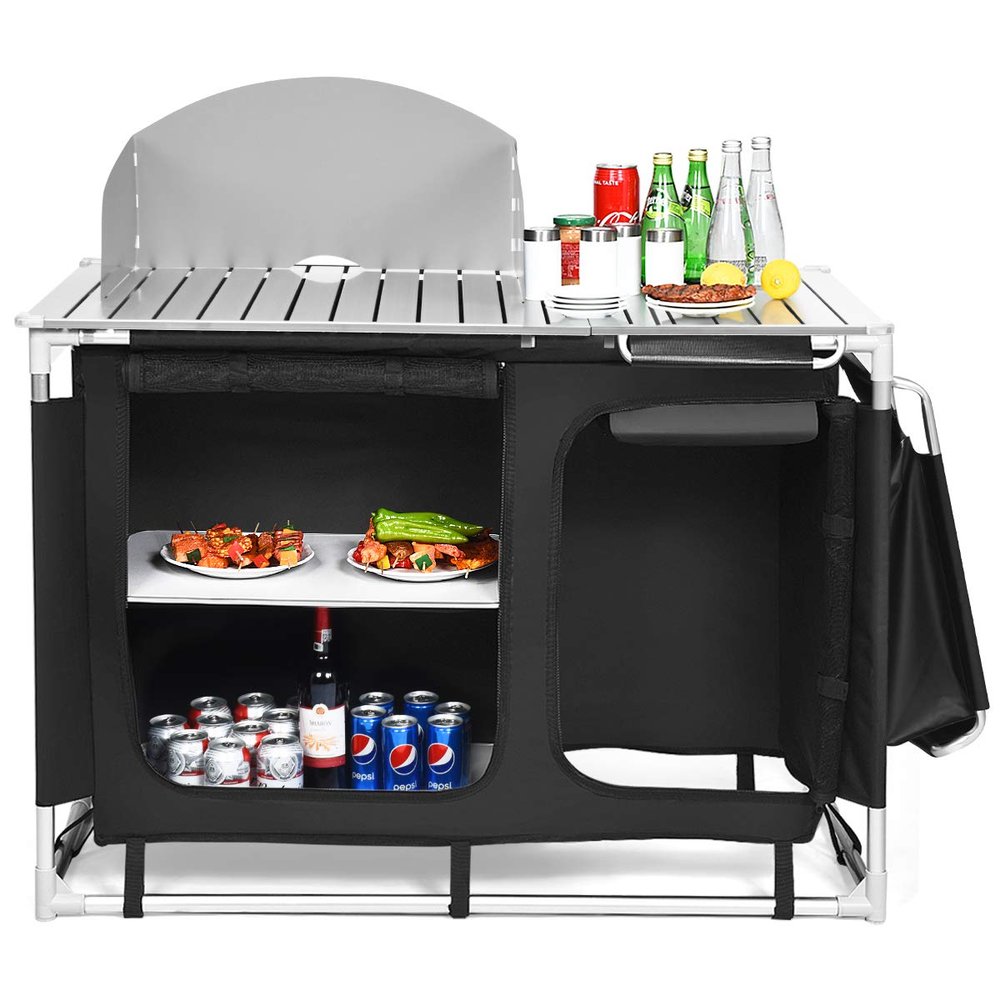 Giantex Outdoor Camping Kitchen Table, Portable Camping Grill Table with Windscreen and Remove Sink, Outdoor Camping Cook Station for BBQ Party Picnics Backyard Activities