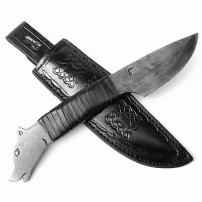 Toferner Hand Forged Knife Wolf with Sheath, Vintage Knife for Antique Collection, Genuine Leather Case, Hardened Blade, Hand Made Craft, Gift Idea for Men (Black)