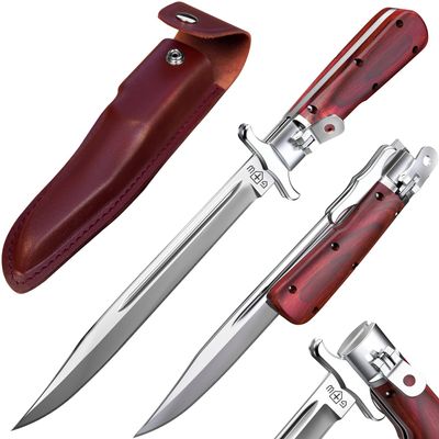 Grand Way 12.2" Retro Folding Knife with Wood Handle & Leather Sheath - 7.8" Long Foldable Sharp Blade - Large Pocket Knife for Men Camping Hunting Survival Work 12 KG