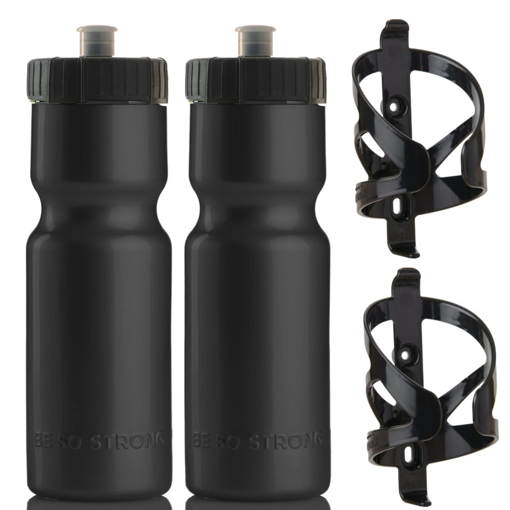 Bike Water Bottle Holder & Bottle Combo  2-Pack 22 oz Sports Squeeze Bottles with Pull Top Cap & Easy-Install Bike Cage  Made in USA  50 Strong Brand