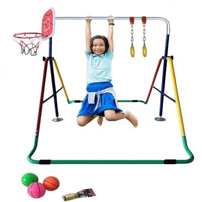 Athletic Bar Kids Gymnastics Bar Horizontal Bar Kip Bar Jungle Gym Monkey Bars 4 in 1 Playground Climb Tower w Deluxe Swing Set, Trapeze Rings, Basketball Hoop, 3 Mini Balls