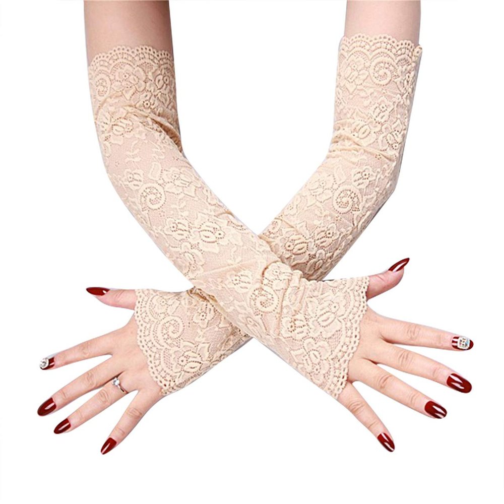 JEATHA Women Long Floral Lace Summer UV Protection Arm Sleeves Fingerless Sunscreen Outdoor Driving Gloves Beige One Size