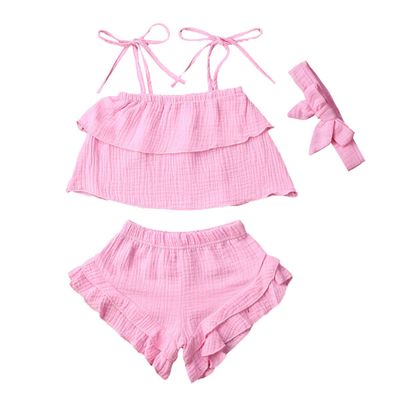 3Pcs Toddler Baby Girl Summer Outfits Halter Sleeveless Tank Top + Ruffled Shorts Pants + Bowknot Headband (Pink, 4-5T)