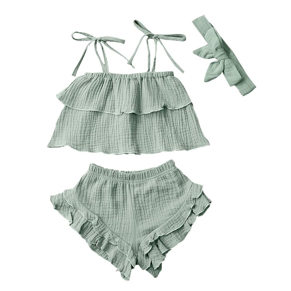3Pcs Toddler Baby Girl Summer Outfits Halter Sleeveless Tank Top + Ruffled Shorts Pants + Bowknot Headband (Light Green, 1-2T)