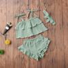 3Pcs Toddler Baby Girl Summer Outfits Halter Sleeveless Tank Top + Ruffled Shorts Pants + Bowknot Headband (Light Green, 3-4T) view 3