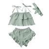 3Pcs Toddler Baby Girl Summer Outfits Halter Sleeveless Tank Top + Ruffled Shorts Pants + Bowknot Headband (Light Green, 4-5T) view 1