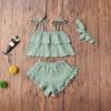 3Pcs Toddler Baby Girl Summer Outfits Halter Sleeveless Tank Top + Ruffled Shorts Pants + Bowknot Headband (Light Green, 4-5T) view 2