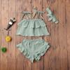 3Pcs Toddler Baby Girl Summer Outfits Halter Sleeveless Tank Top + Ruffled Shorts Pants + Bowknot Headband (Light Green, 4-5T) view 4