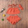 3Pcs Toddler Baby Girl Summer Outfits Halter Sleeveless Tank Top + Ruffled Shorts Pants + Bowknot Headband (Dark Orange, 3-4T) view 2