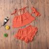 3Pcs Toddler Baby Girl Summer Outfits Halter Sleeveless Tank Top + Ruffled Shorts Pants + Bowknot Headband (Dark Orange, 3-4T) view 3
