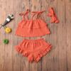 3Pcs Toddler Baby Girl Summer Outfits Halter Sleeveless Tank Top + Ruffled Shorts Pants + Bowknot Headband (Dark Orange, 3-4T) view 4
