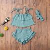 3Pcs Toddler Baby Girl Summer Outfits Halter Sleeveless Tank Top + Ruffled Shorts Pants + Bowknot Headband (Blue Grey, 4-5T) view 2